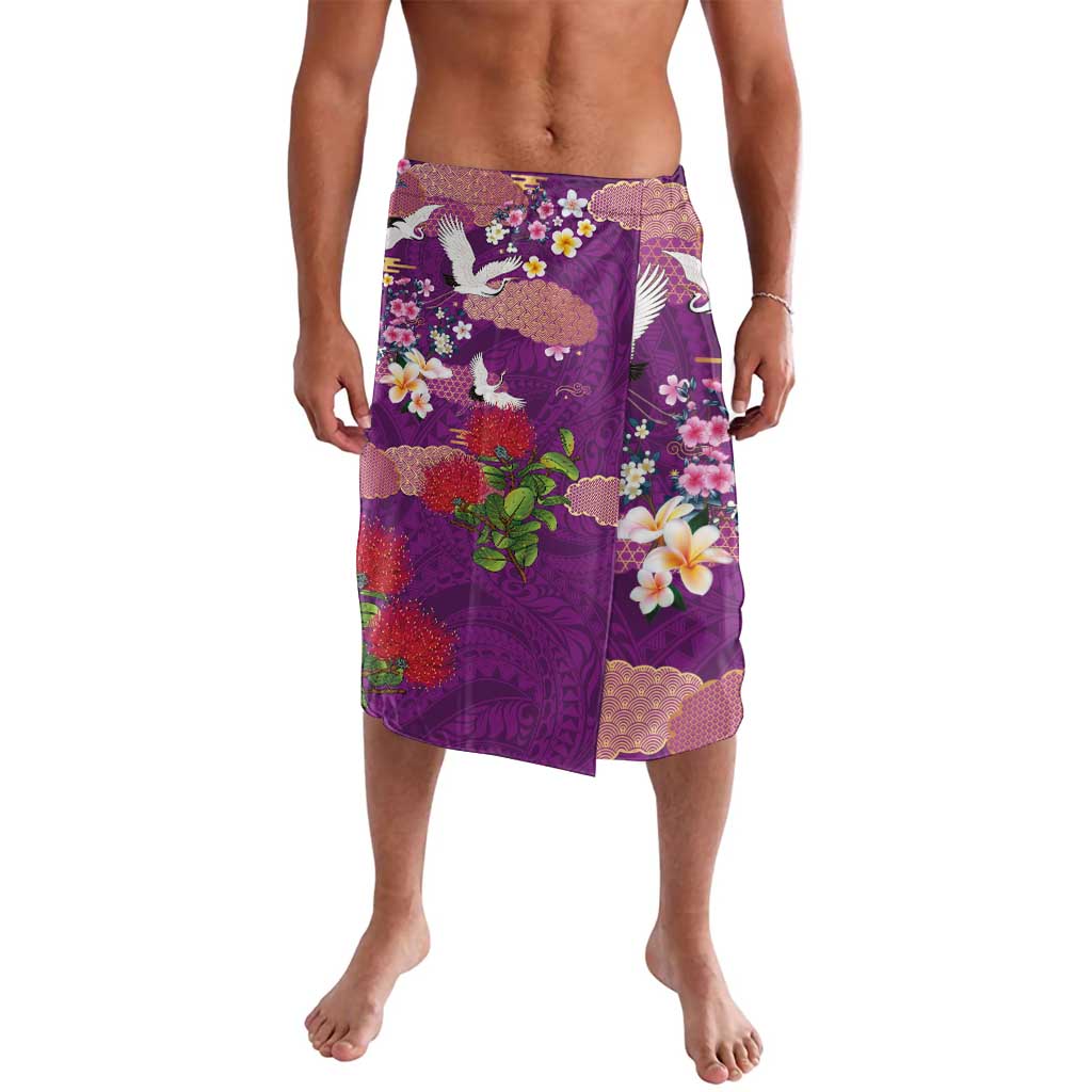 Hawaiian and Japanese Culture Together Lavalava Purple Ohia Lehua Plumeria and Sakura Blooming - Polynesian Pride