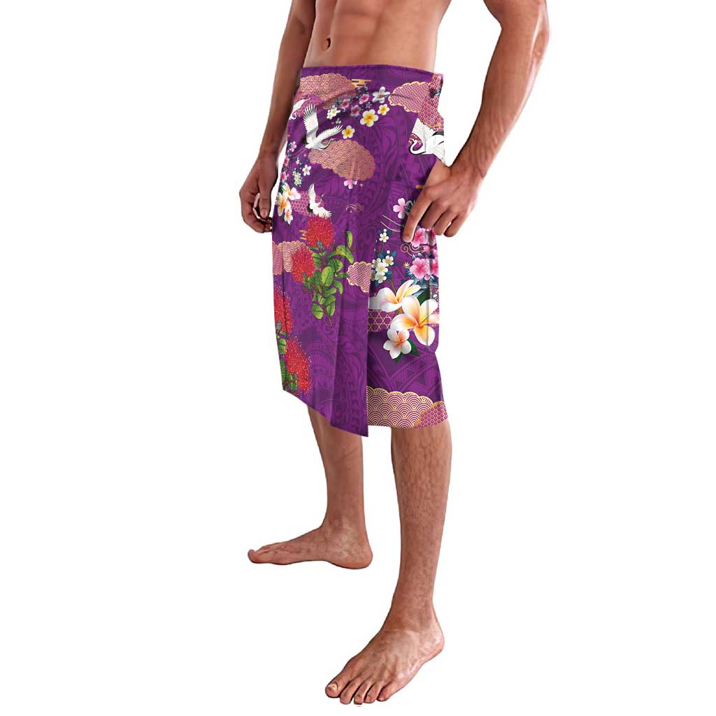 Hawaiian and Japanese Culture Together Lavalava Purple Ohia Lehua Plumeria and Sakura Blooming - Polynesian Pride