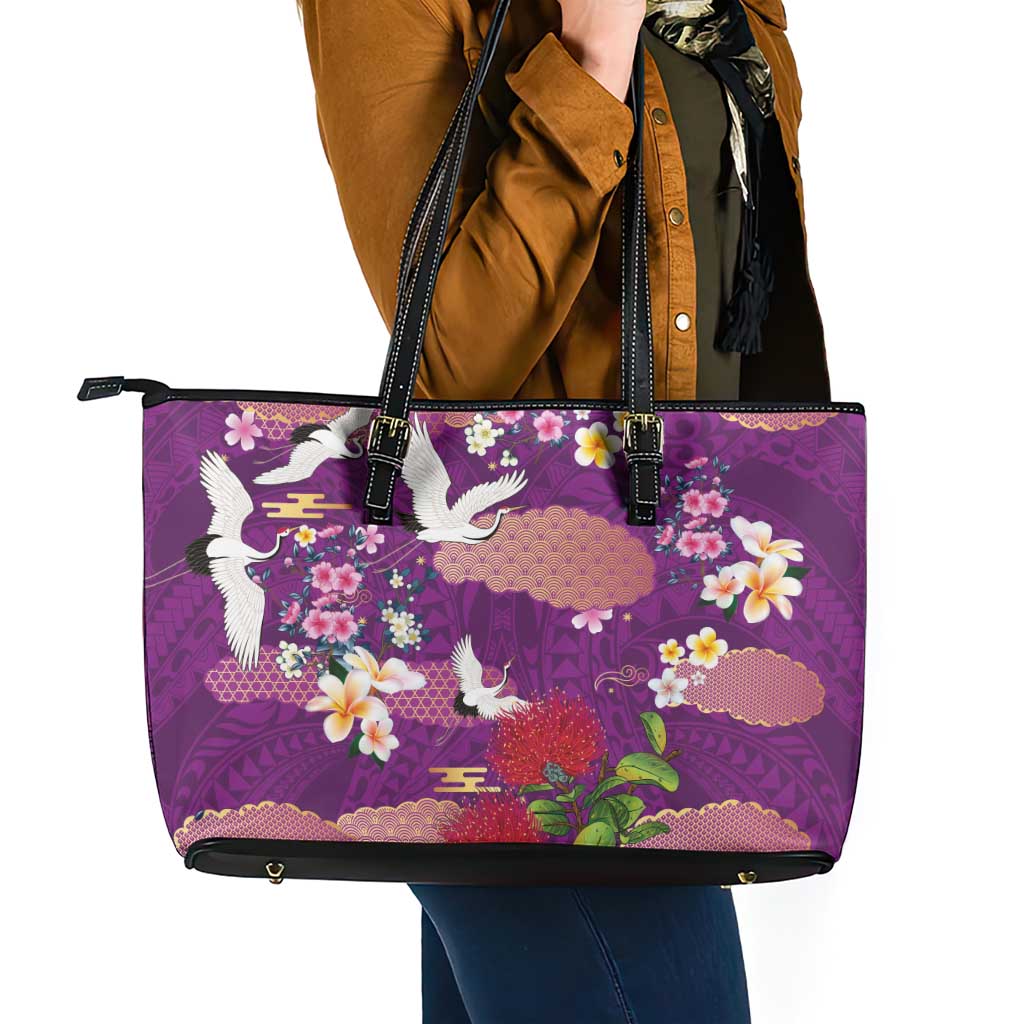 Hawaiian and Japanese Culture Together Leather Tote Bag Purple Ohia Lehua Plumeria and Sakura Blooming - Polynesian Pride