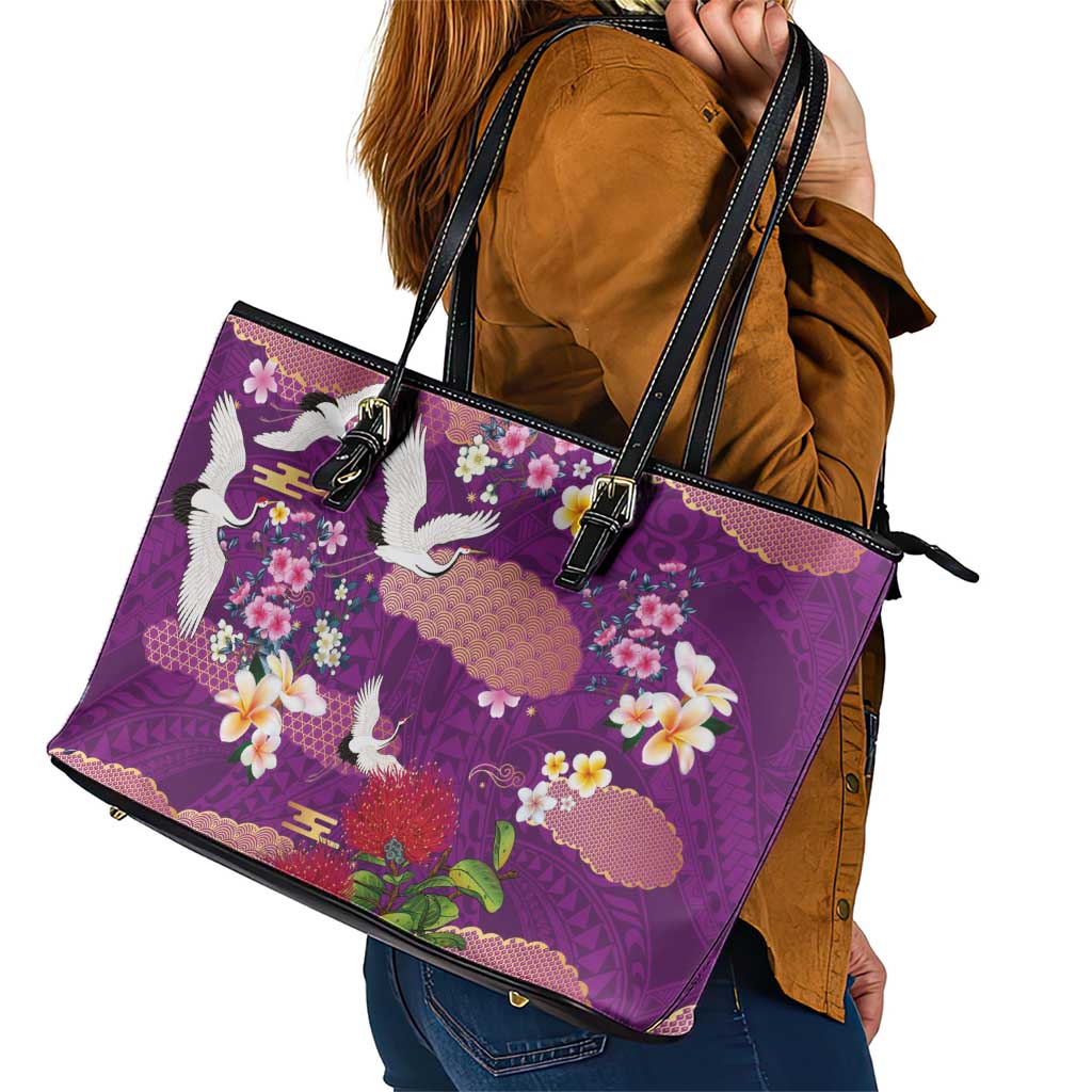 Hawaiian and Japanese Culture Together Leather Tote Bag Purple Ohia Lehua Plumeria and Sakura Blooming - Polynesian Pride