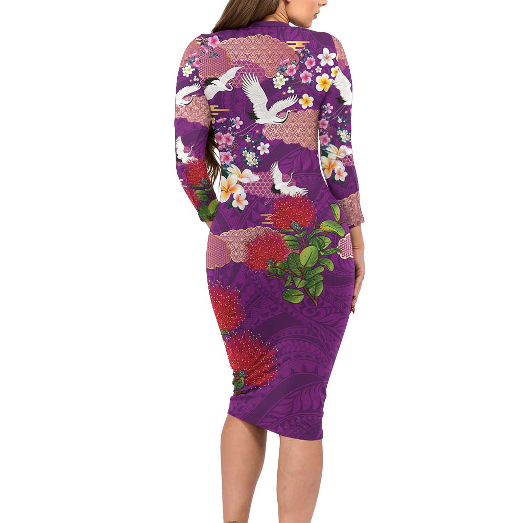 Hawaiian and Japanese Culture Together Long Sleeve Bodycon Dress Purple Ohia Lehua Plumeria and Sakura Blooming LT03 - Polynesian Pride