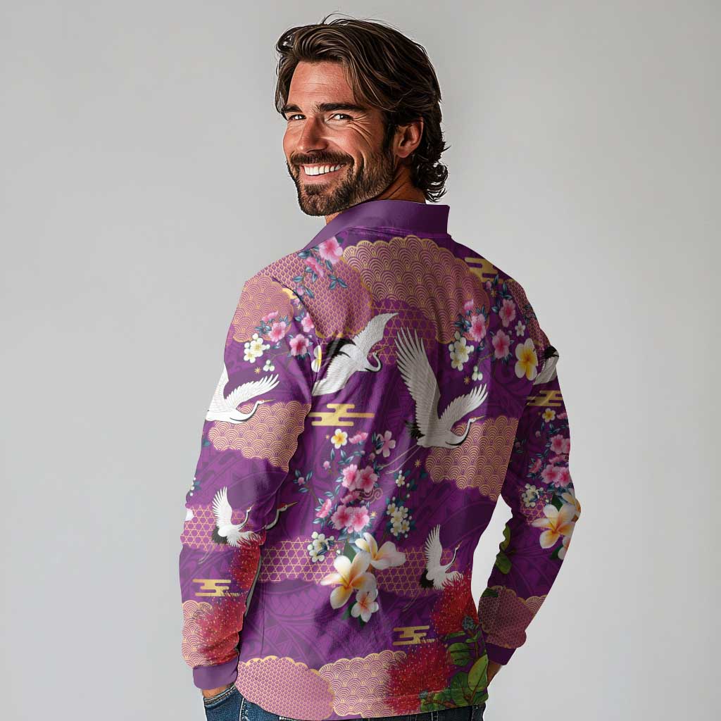Hawaiian and Japanese Culture Together Long Sleeve Polo Shirt Purple Ohia Lehua Plumeria and Sakura Blooming - Polynesian Pride