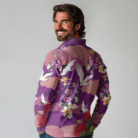 Hawaiian and Japanese Culture Together Long Sleeve Polo Shirt Purple Ohia Lehua Plumeria and Sakura Blooming - Polynesian Pride