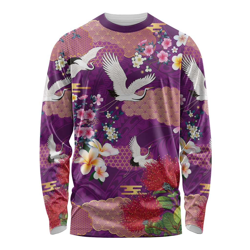 Hawaiian and Japanese Culture Together Long Sleeve Shirt Purple Ohia Lehua Plumeria and Sakura Blooming - Polynesian Pride
