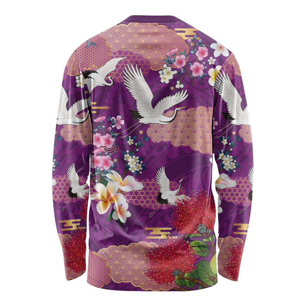 Hawaiian and Japanese Culture Together Long Sleeve Shirt Purple Ohia Lehua Plumeria and Sakura Blooming - Polynesian Pride