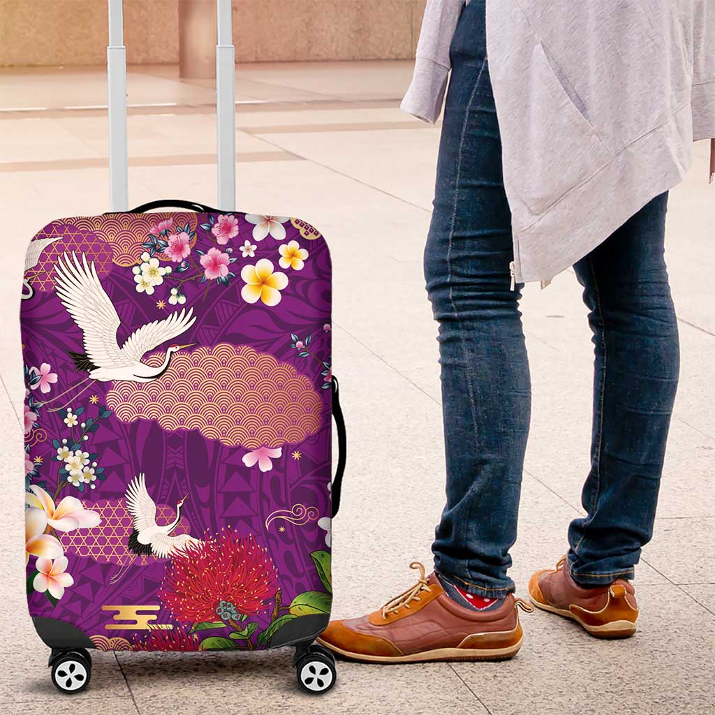 Hawaiian and Japanese Culture Together Luggage Cover Purple Ohia Lehua Plumeria and Sakura Blooming - Polynesian Pride