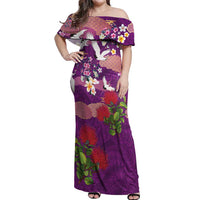 Hawaiian and Japanese Culture Together Off Shoulder Maxi Dress Purple Ohia Lehua Plumeria and Sakura Blooming - Polynesian Pride
