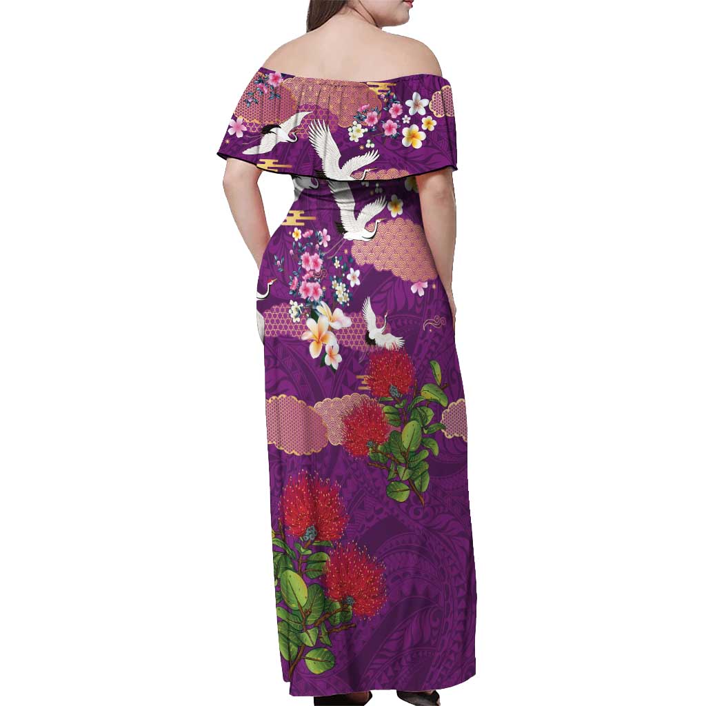 Hawaiian and Japanese Culture Together Off Shoulder Maxi Dress Purple Ohia Lehua Plumeria and Sakura Blooming - Polynesian Pride
