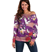 Hawaiian and Japanese Culture Together Off Shoulder Sweater Purple Ohia Lehua Plumeria and Sakura Blooming LT03 Women Purple - Polynesian Pride