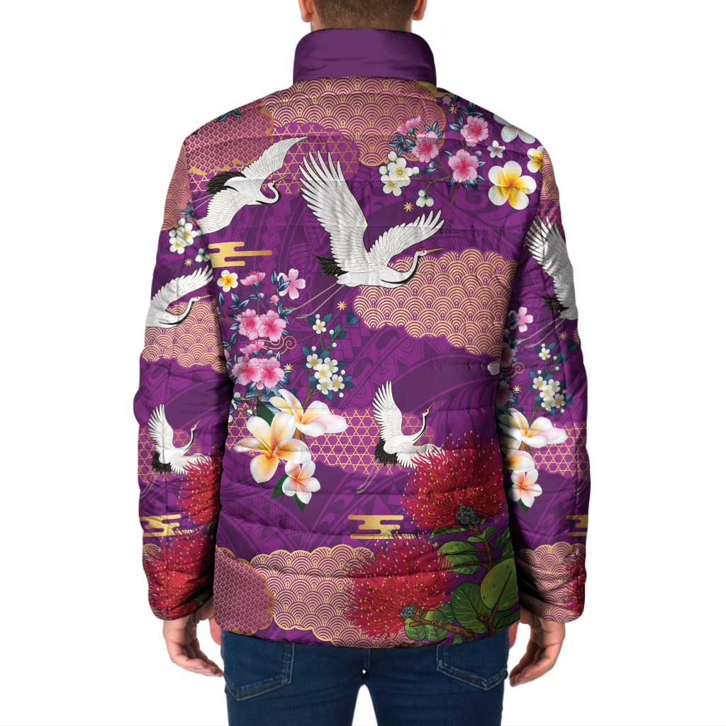 Hawaiian and Japanese Culture Together Padded Jacket Purple Ohia Lehua Plumeria and Sakura Blooming - Polynesian Pride