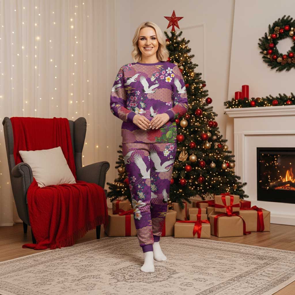 Hawaiian and Japanese Culture Together Christmas Pajama Set Purple Ohia Lehua Plumeria and Sakura Blooming - Polynesian Pride