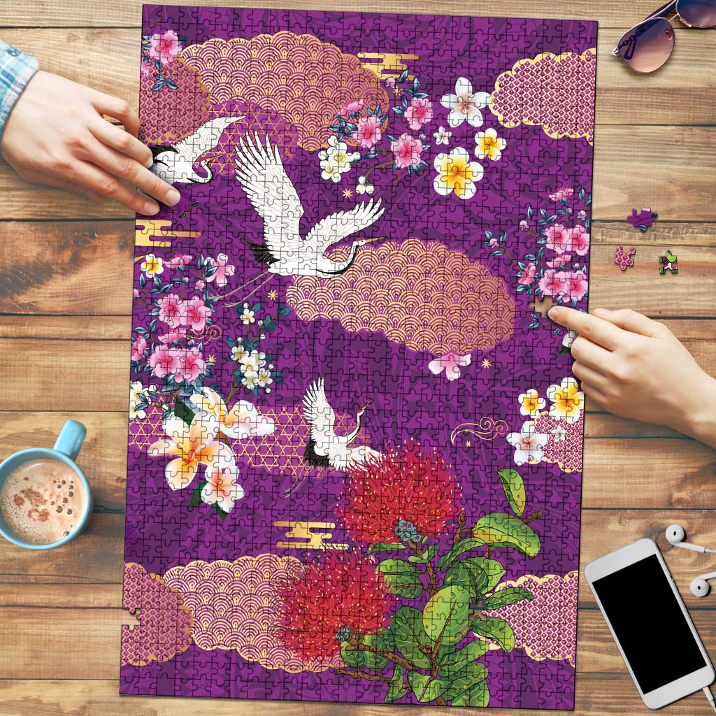 Hawaiian and Japanese Culture Together Puzzle Purple Ohia Lehua Plumeria and Sakura Blooming - Polynesian Pride