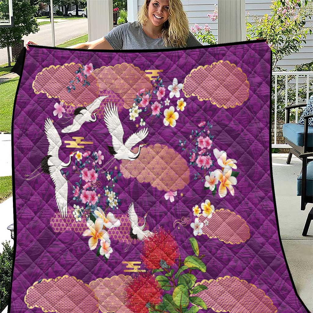 Hawaiian and Japanese Culture Together Quilt Purple Ohia Lehua Plumeria and Sakura Blooming - Polynesian Pride