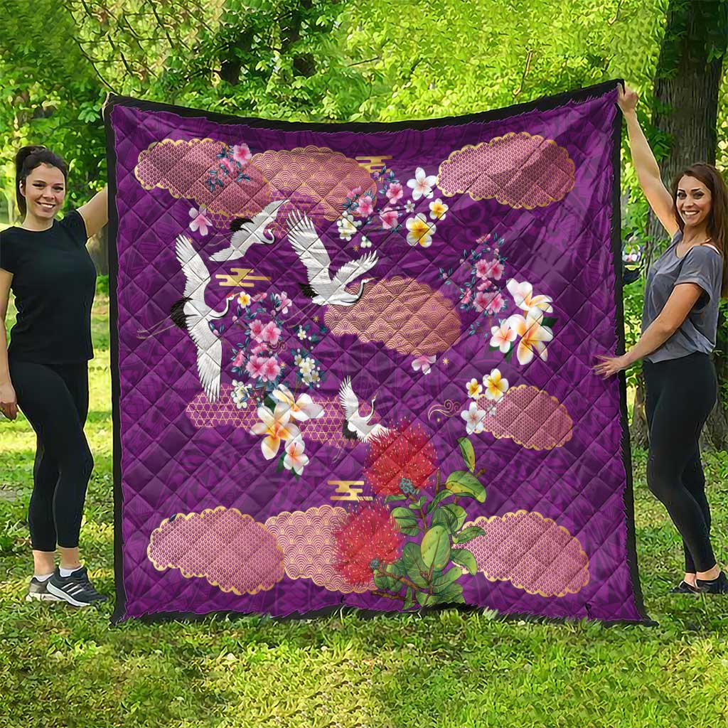 Hawaiian and Japanese Culture Together Quilt Purple Ohia Lehua Plumeria and Sakura Blooming - Polynesian Pride