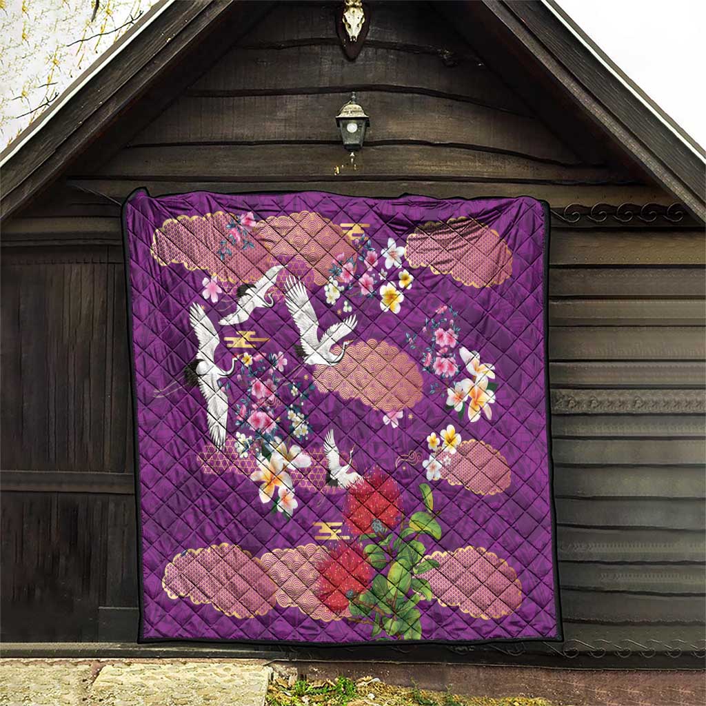 Hawaiian and Japanese Culture Together Quilt Purple Ohia Lehua Plumeria and Sakura Blooming - Polynesian Pride