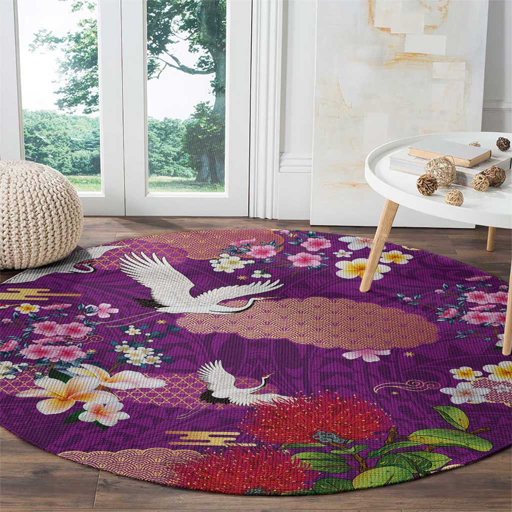 Hawaiian and Japanese Culture Together Round Carpet Purple Ohia Lehua Plumeria and Sakura Blooming - Polynesian Pride