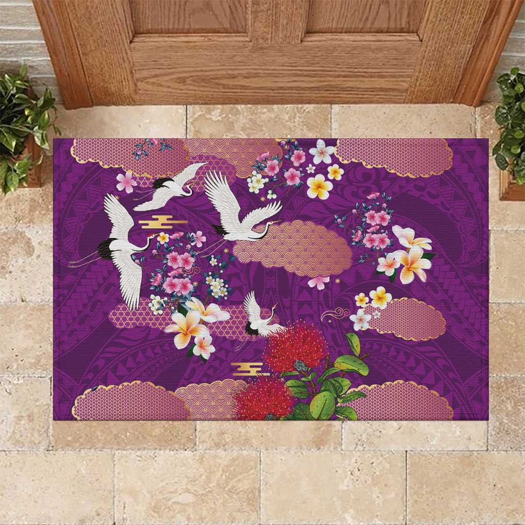 Hawaiian and Japanese Culture Together Rubber Doormat Purple Ohia Lehua Plumeria and Sakura Blooming - Polynesian Pride