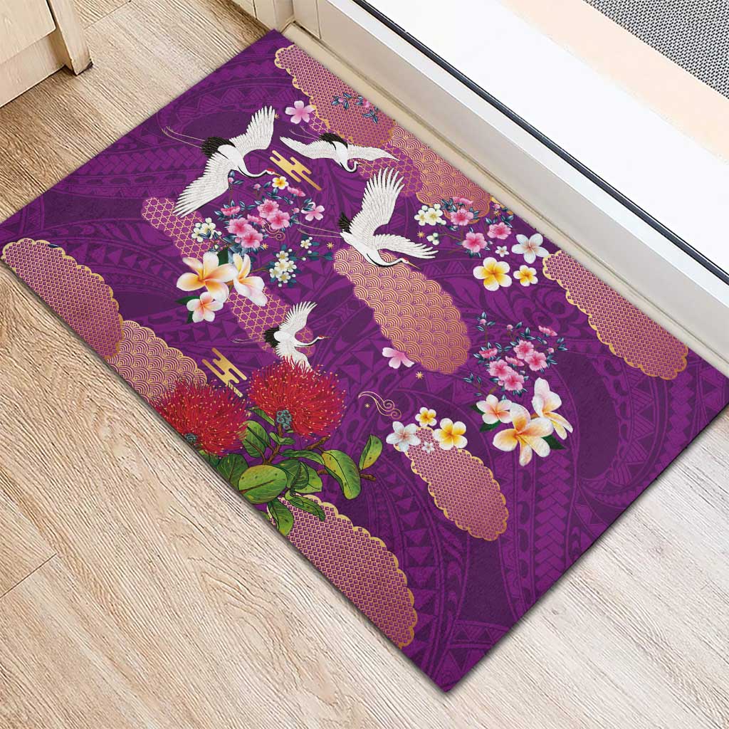 Hawaiian and Japanese Culture Together Rubber Doormat Purple Ohia Lehua Plumeria and Sakura Blooming - Polynesian Pride