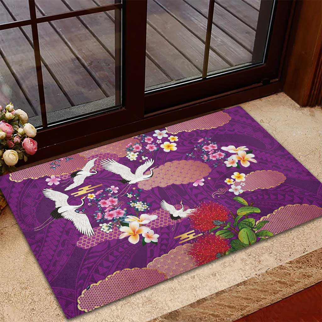 Hawaiian and Japanese Culture Together Rubber Doormat Purple Ohia Lehua Plumeria and Sakura Blooming - Polynesian Pride