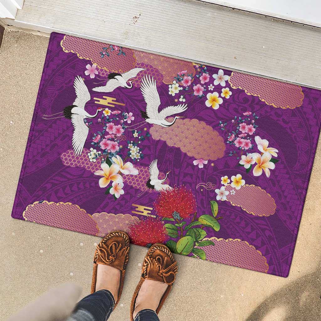 Hawaiian and Japanese Culture Together Rubber Doormat Purple Ohia Lehua Plumeria and Sakura Blooming - Polynesian Pride