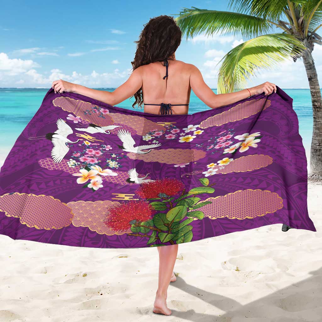 Hawaiian and Japanese Culture Together Sarong Purple Ohia Lehua Plumeria and Sakura Blooming LT03 - Polynesian Pride
