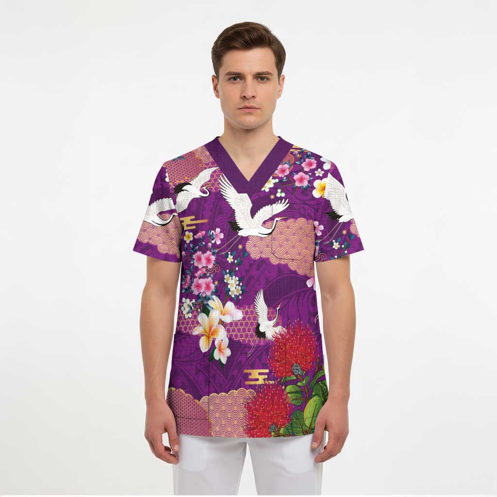 Hawaiian and Japanese Culture Together Scrub Top Purple Ohia Lehua Plumeria and Sakura Blooming - Polynesian Pride