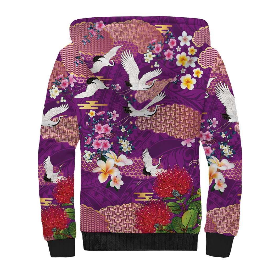 Hawaiian and Japanese Culture Together Sherpa Hoodie Purple Ohia Lehua Plumeria and Sakura Blooming - Polynesian Pride