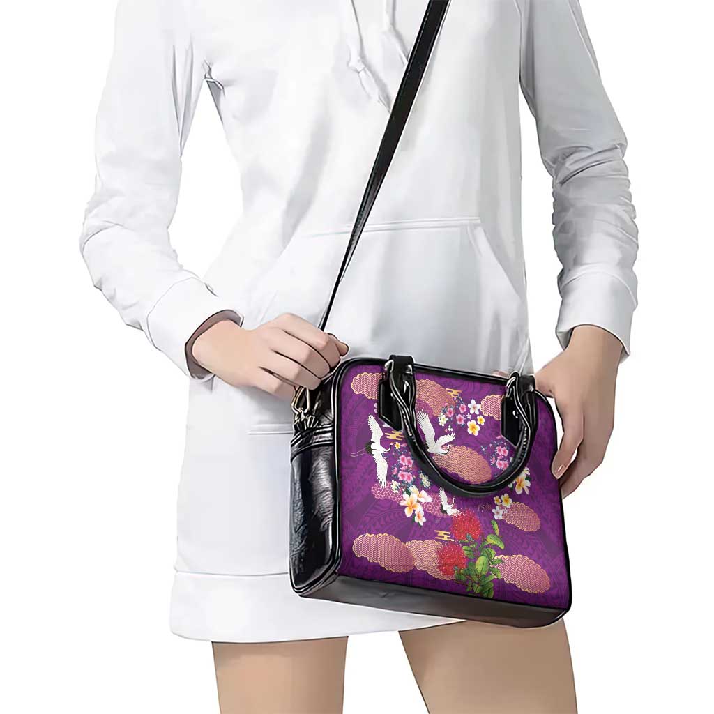Hawaiian and Japanese Culture Together Shoulder Handbag Purple Ohia Lehua Plumeria and Sakura Blooming - Polynesian Pride