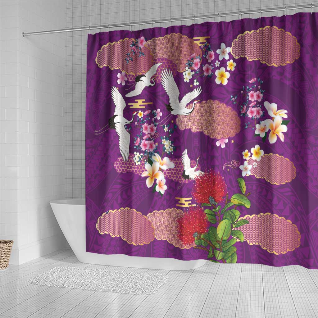 Hawaiian and Japanese Culture Together Shower Curtain Purple Ohia Lehua Plumeria and Sakura Blooming - Polynesian Pride