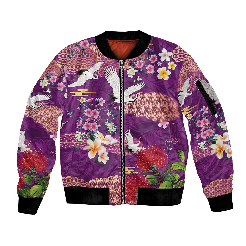 Hawaiian and Japanese Culture Together Sleeve Zip Bomber Jacket Purple Ohia Lehua Plumeria and Sakura Blooming LT03 Unisex Purple - Polynesian Pride
