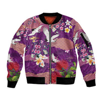 Hawaiian and Japanese Culture Together Sleeve Zip Bomber Jacket Purple Ohia Lehua Plumeria and Sakura Blooming LT03 Unisex Purple - Polynesian Pride