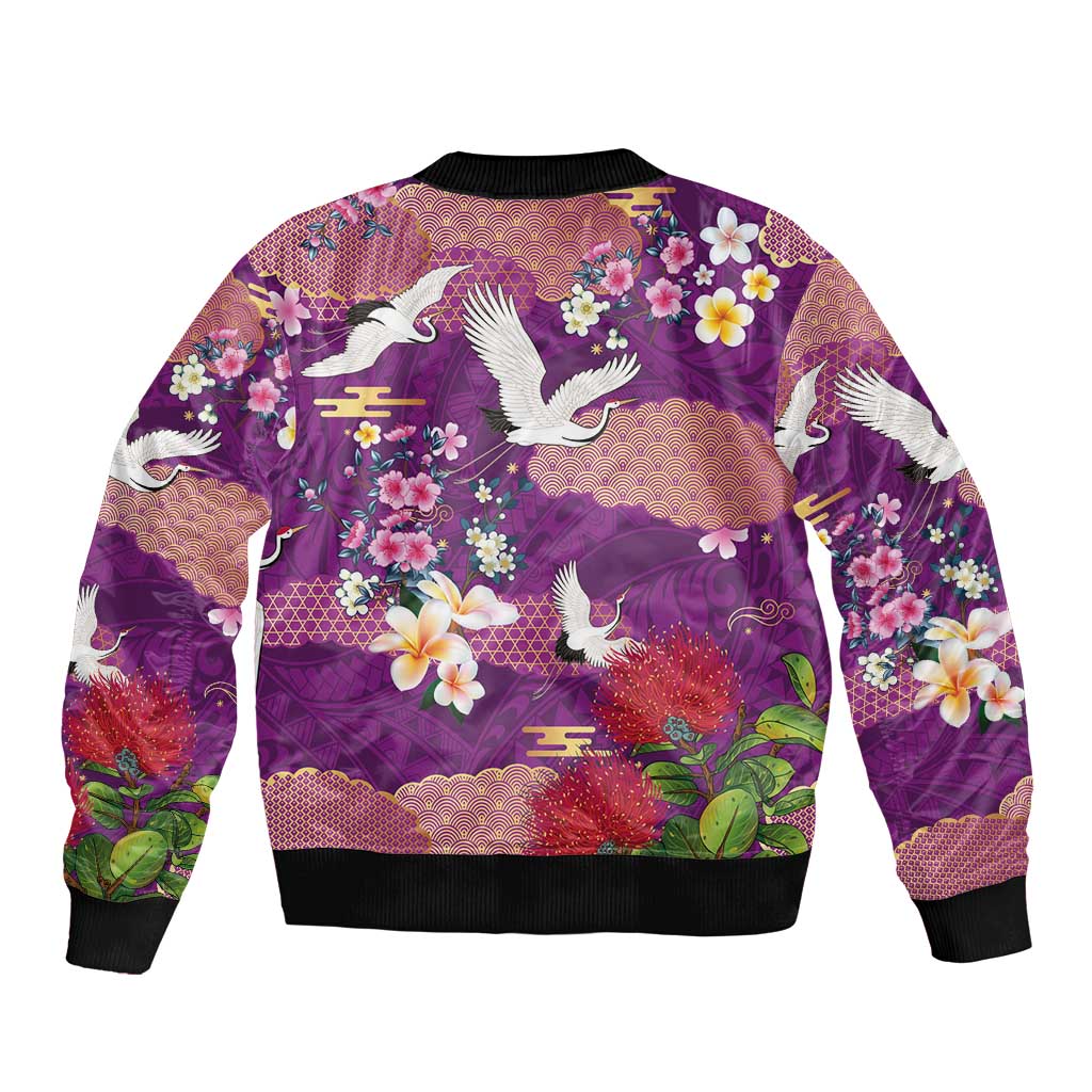 Hawaiian and Japanese Culture Together Sleeve Zip Bomber Jacket Purple Ohia Lehua Plumeria and Sakura Blooming LT03 - Polynesian Pride