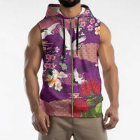 Hawaiian and Japanese Culture Together Sleeveless Zip Hoodie Purple Ohia Lehua Plumeria and Sakura Blooming - Polynesian Pride