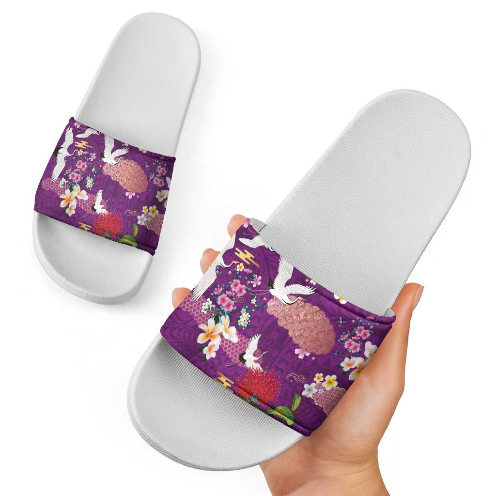Hawaiian and Japanese Culture Together Slide Sandals Purple Ohia Lehua Plumeria and Sakura Blooming - Polynesian Pride