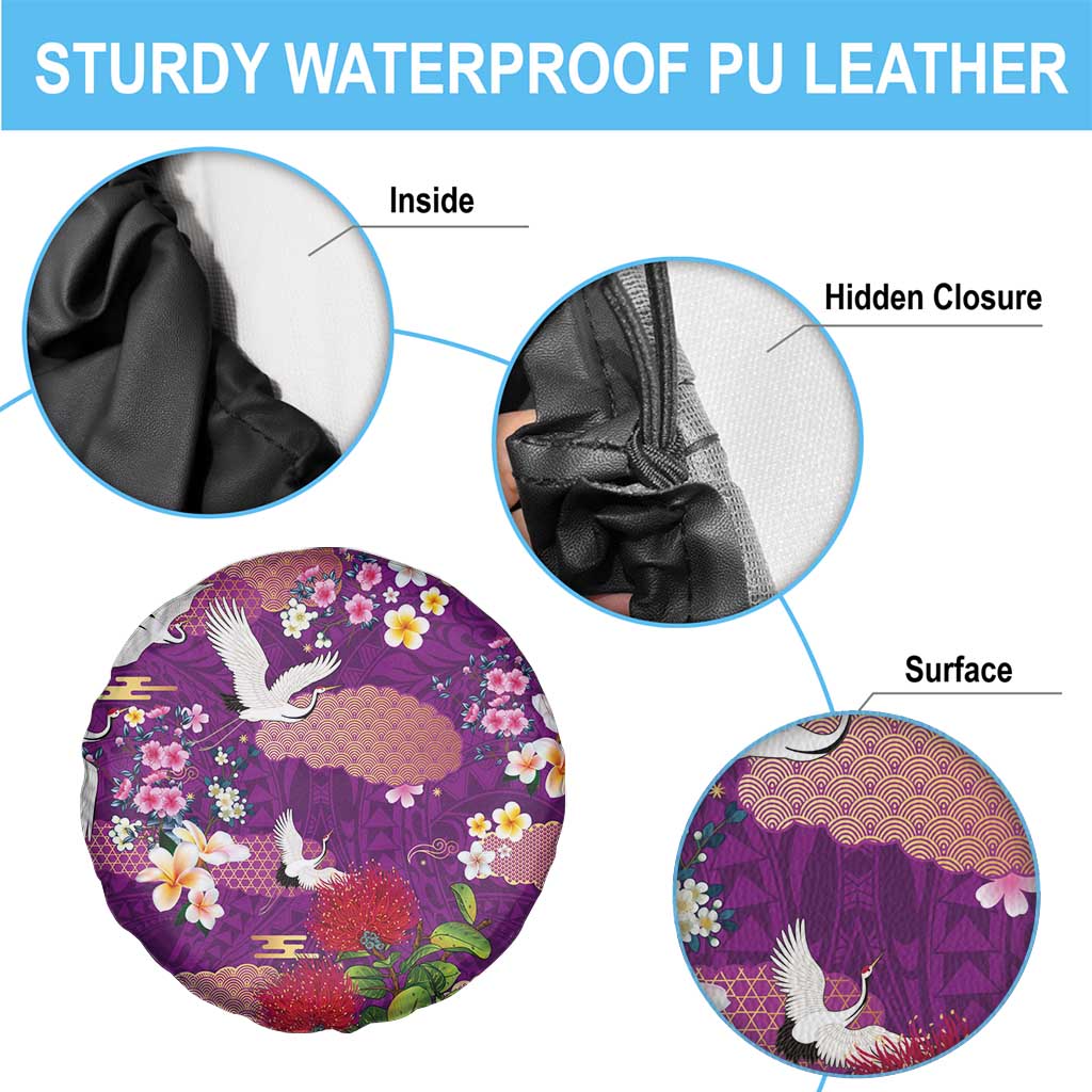 Hawaiian and Japanese Culture Together Spare Tire Cover Purple Ohia Lehua Plumeria and Sakura Blooming - Polynesian Pride