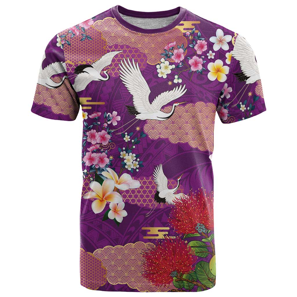 Hawaiian and Japanese Culture Together T Shirt Purple Ohia Lehua Plumeria and Sakura Blooming - Polynesian Pride