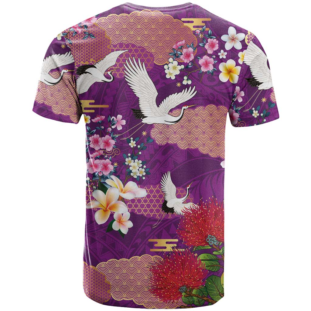 Hawaiian and Japanese Culture Together T Shirt Purple Ohia Lehua Plumeria and Sakura Blooming - Polynesian Pride