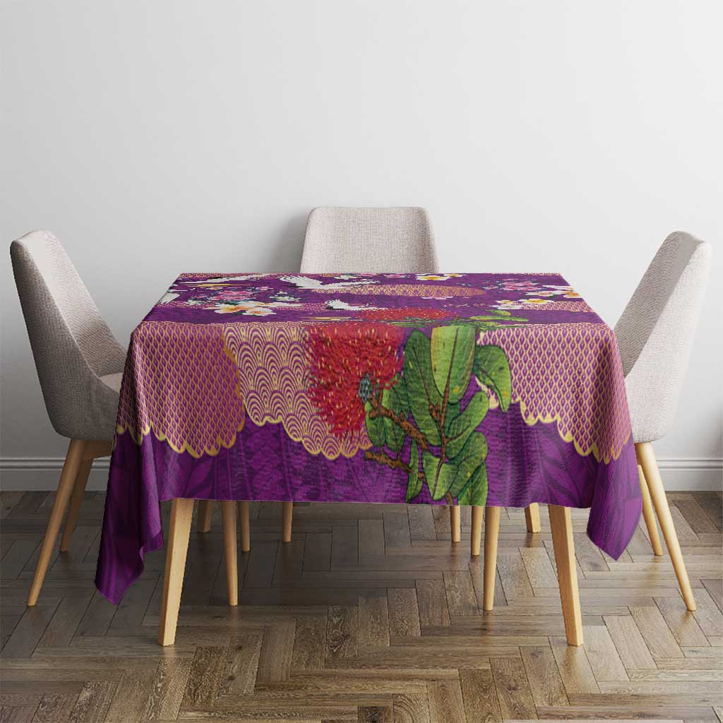 Hawaiian and Japanese Culture Together Tablecloth Purple Ohia Lehua Plumeria and Sakura Blooming - Polynesian Pride