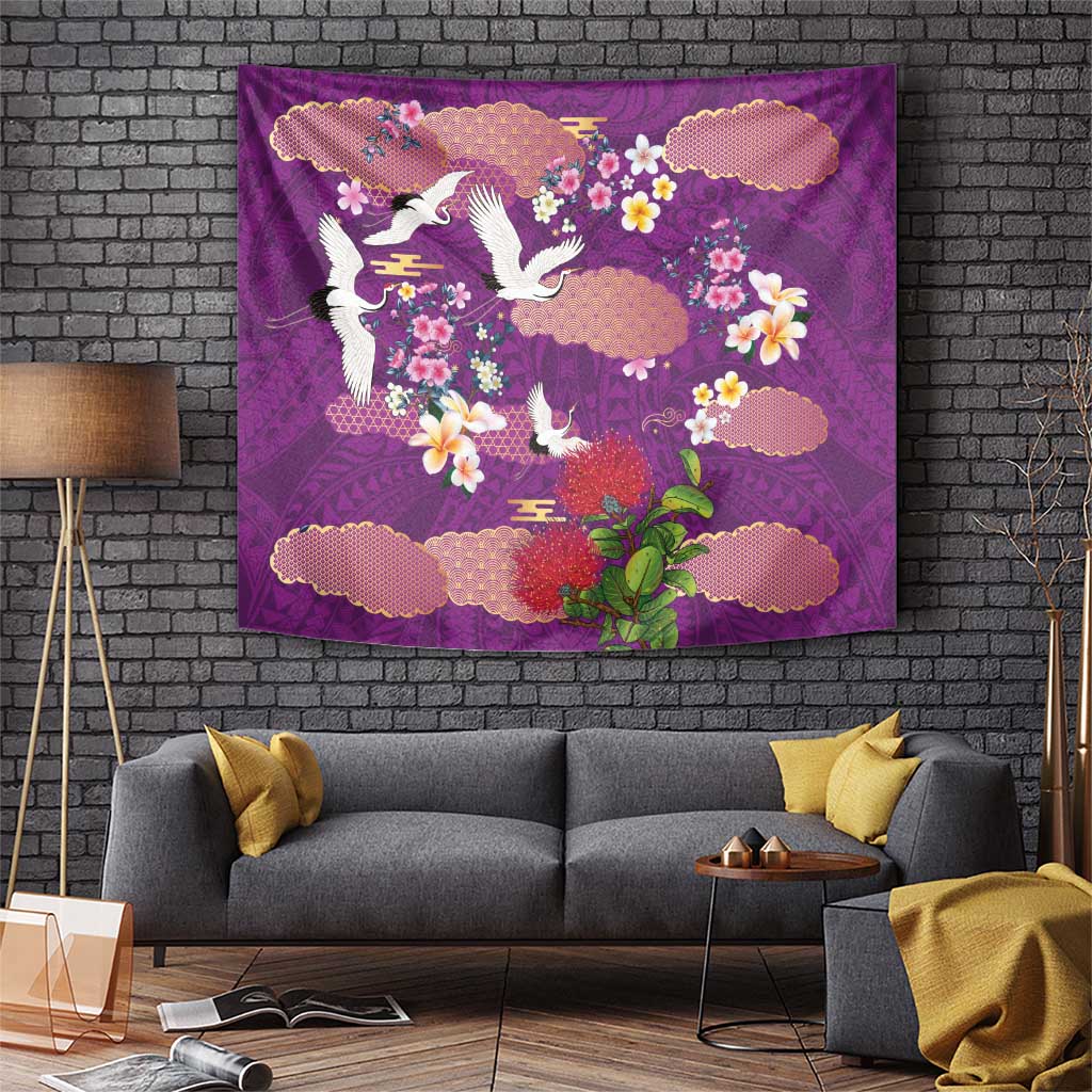 Hawaiian and Japanese Culture Together Tapestry Purple Ohia Lehua Plumeria and Sakura Blooming - Polynesian Pride