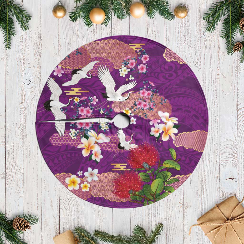 Hawaiian and Japanese Culture Together Tree Skirt Purple Ohia Lehua Plumeria and Sakura Blooming - Polynesian Pride