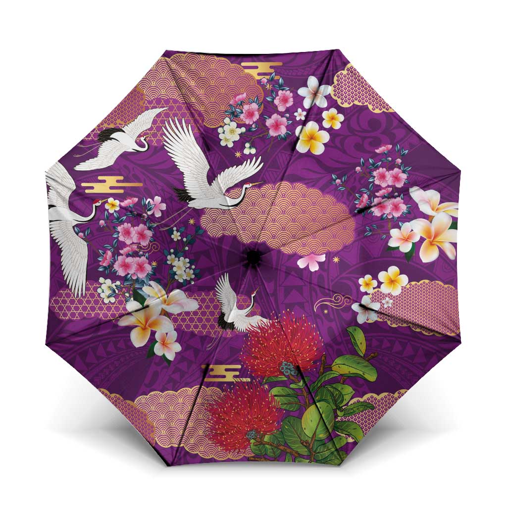 Hawaiian and Japanese Culture Together Umbrella Purple Ohia Lehua Plumeria and Sakura Blooming - Polynesian Pride