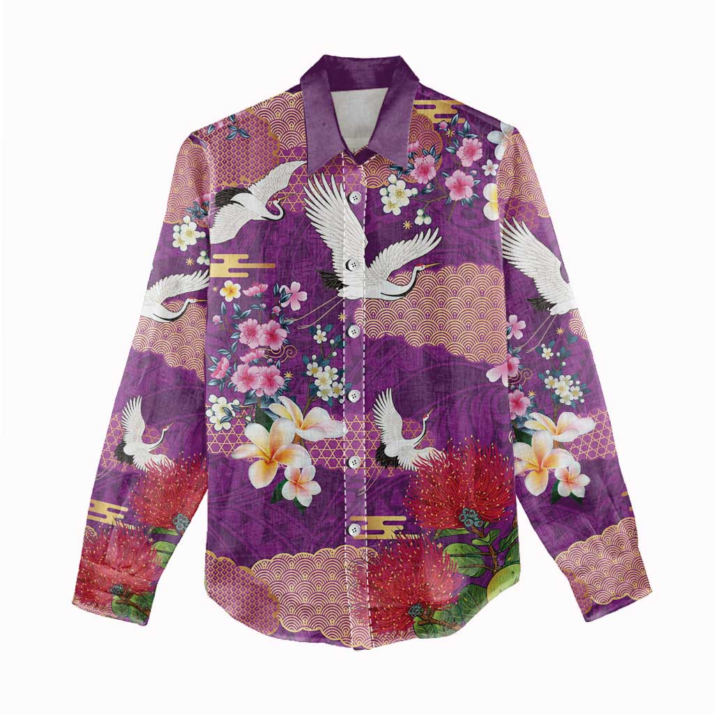 Hawaiian and Japanese Culture Together Women Casual Shirt Purple Ohia Lehua Plumeria and Sakura Blooming - Polynesian Pride