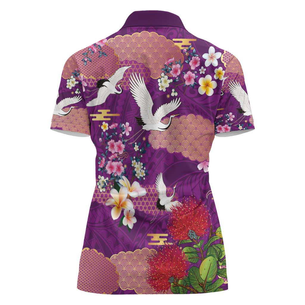 Hawaiian and Japanese Culture Together Women Polo Shirt Purple Ohia Lehua Plumeria and Sakura Blooming - Polynesian Pride