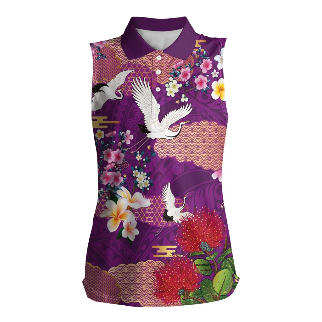 Hawaiian and Japanese Culture Together Women Sleeveless Polo Shirt Purple Ohia Lehua Plumeria and Sakura Blooming - Polynesian Pride