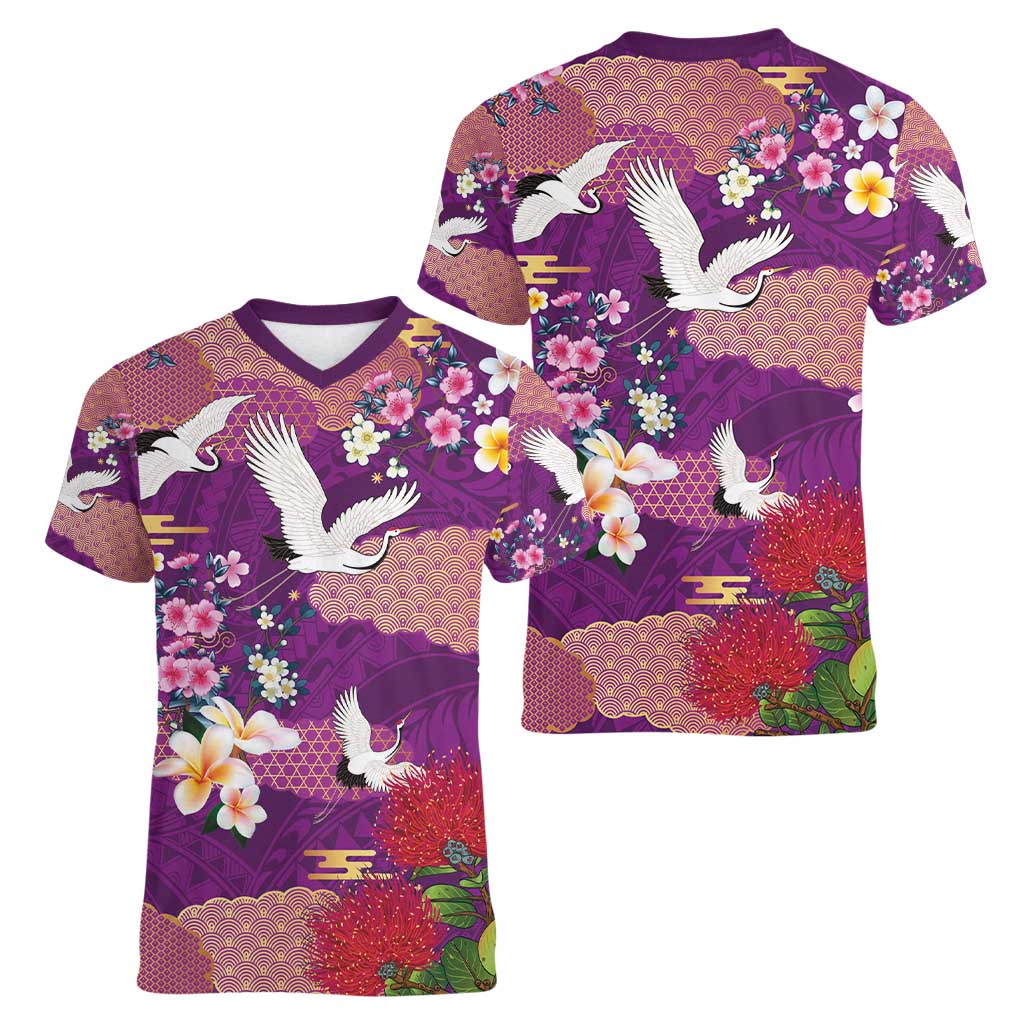 Hawaiian and Japanese Culture Together Women V-Neck T-Shirt Purple Ohia Lehua Plumeria and Sakura Blooming - Polynesian Pride