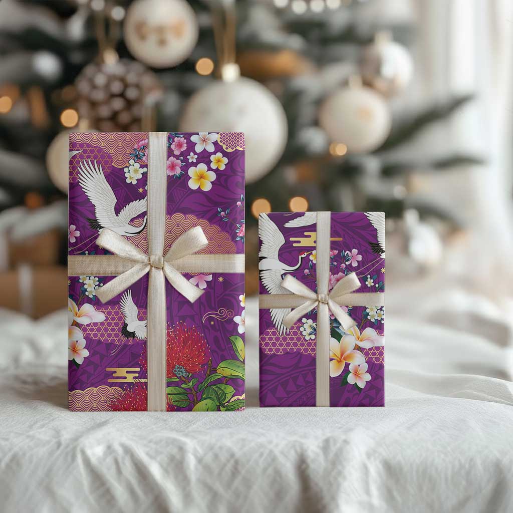 Hawaiian and Japanese Culture Together Wrapping Paper Purple Ohia Lehua Plumeria and Sakura Blooming - Polynesian Pride