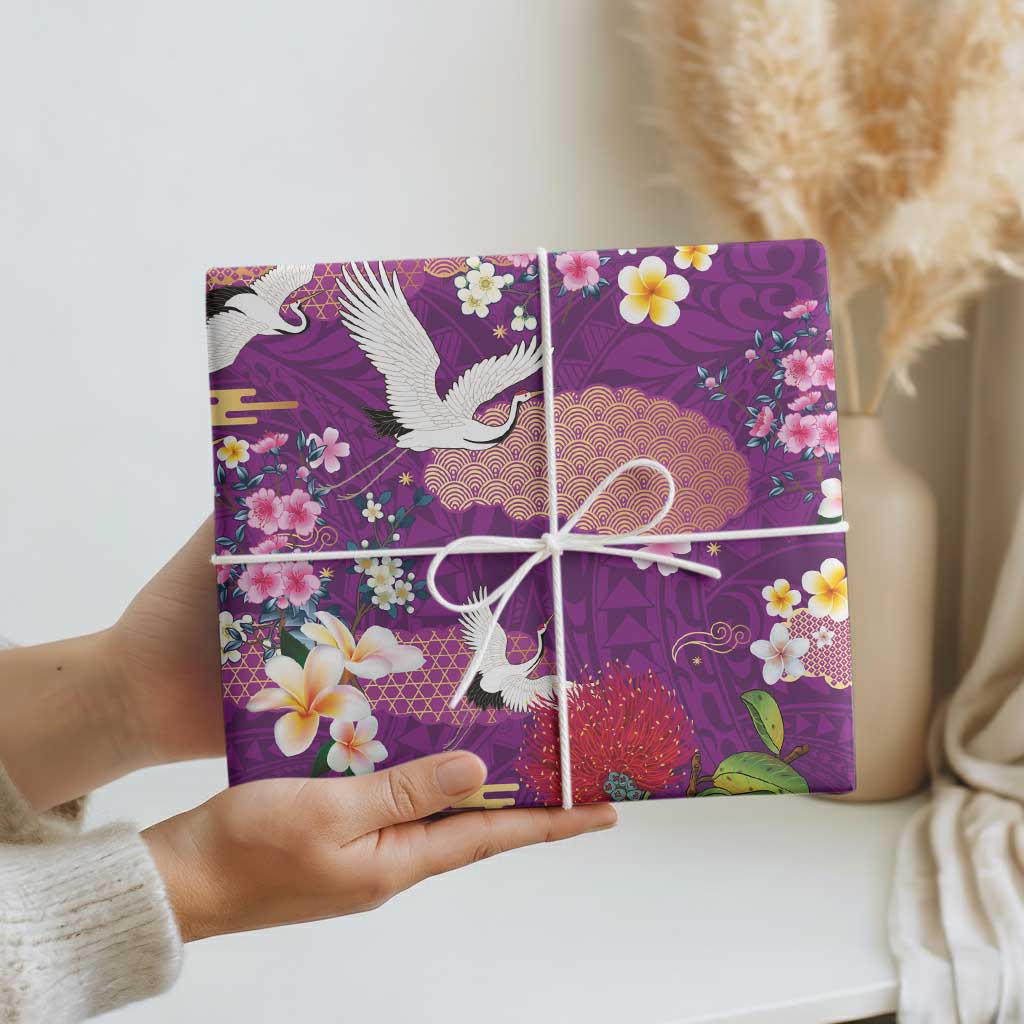Hawaiian and Japanese Culture Together Wrapping Paper Purple Ohia Lehua Plumeria and Sakura Blooming - Polynesian Pride