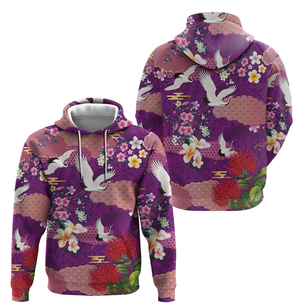 Hawaiian and Japanese Culture Together Zip Hoodie Purple Ohia Lehua Plumeria and Sakura Blooming - Polynesian Pride