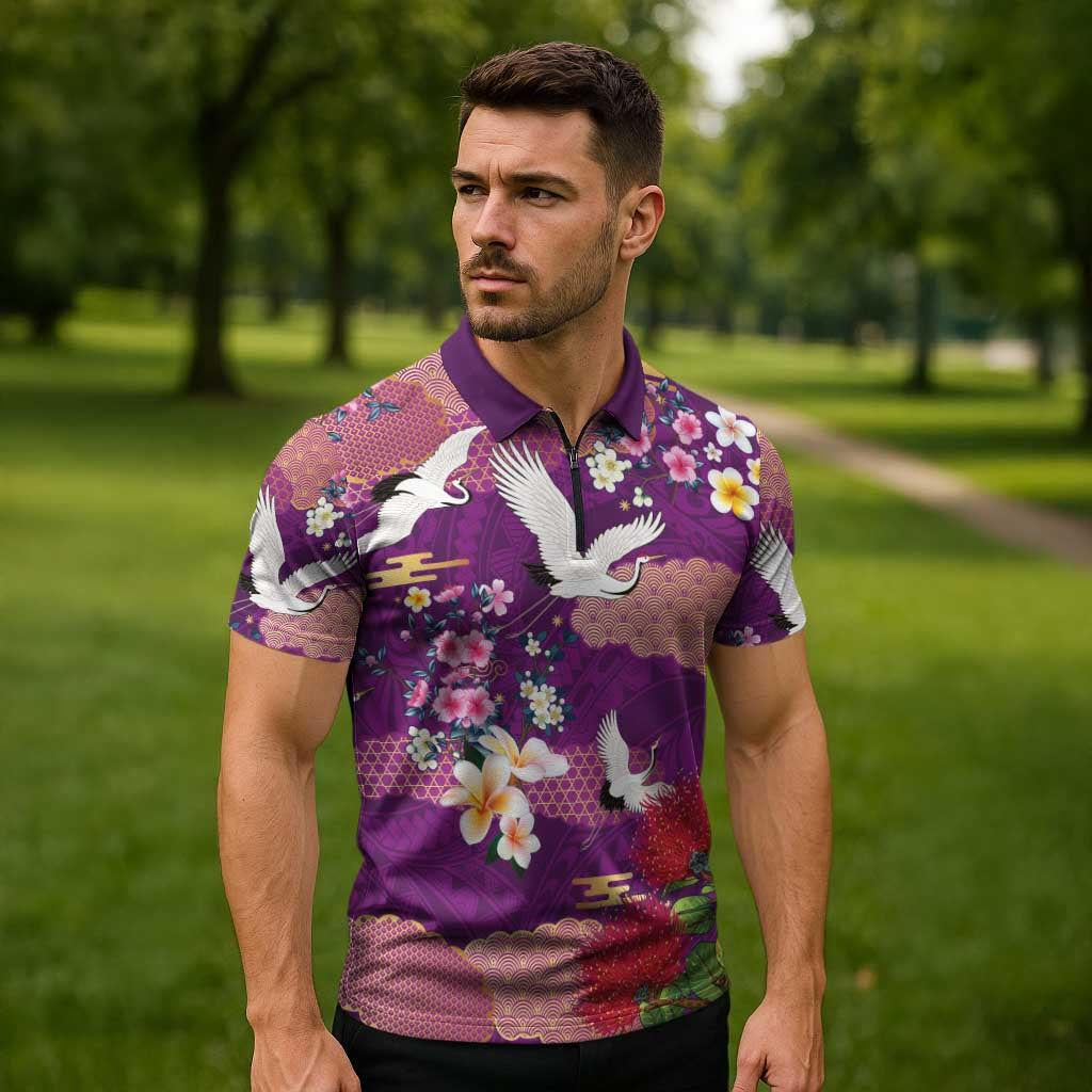 Hawaiian and Japanese Culture Together Zipper Polo Shirt Purple Ohia Lehua Plumeria and Sakura Blooming - Polynesian Pride