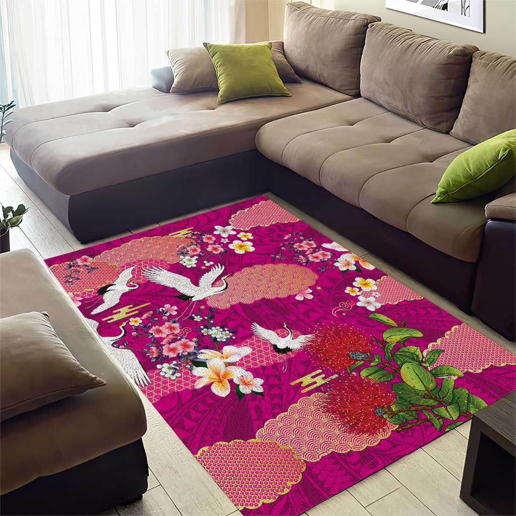 Hawaiian and Japanese Culture Together Area Rug Pink Ohia Lehua Plumeria and Sakura Blooming - Polynesian Pride